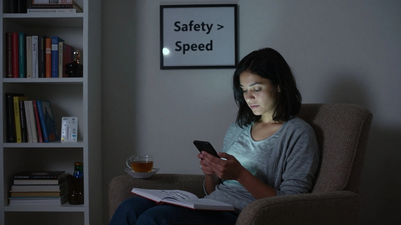 Woman sitting peacefully in a dimly lit room with phone face down and journal open.