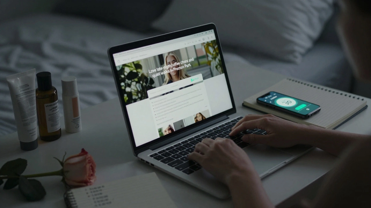 Woman typing on laptop with timer app and skincare items on desk, soft lighting, focused and prepared.