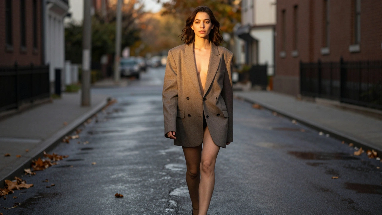 Woman walking down a leaf-covered street in a blazer, bare shoulders, golden hour light, confident expression.