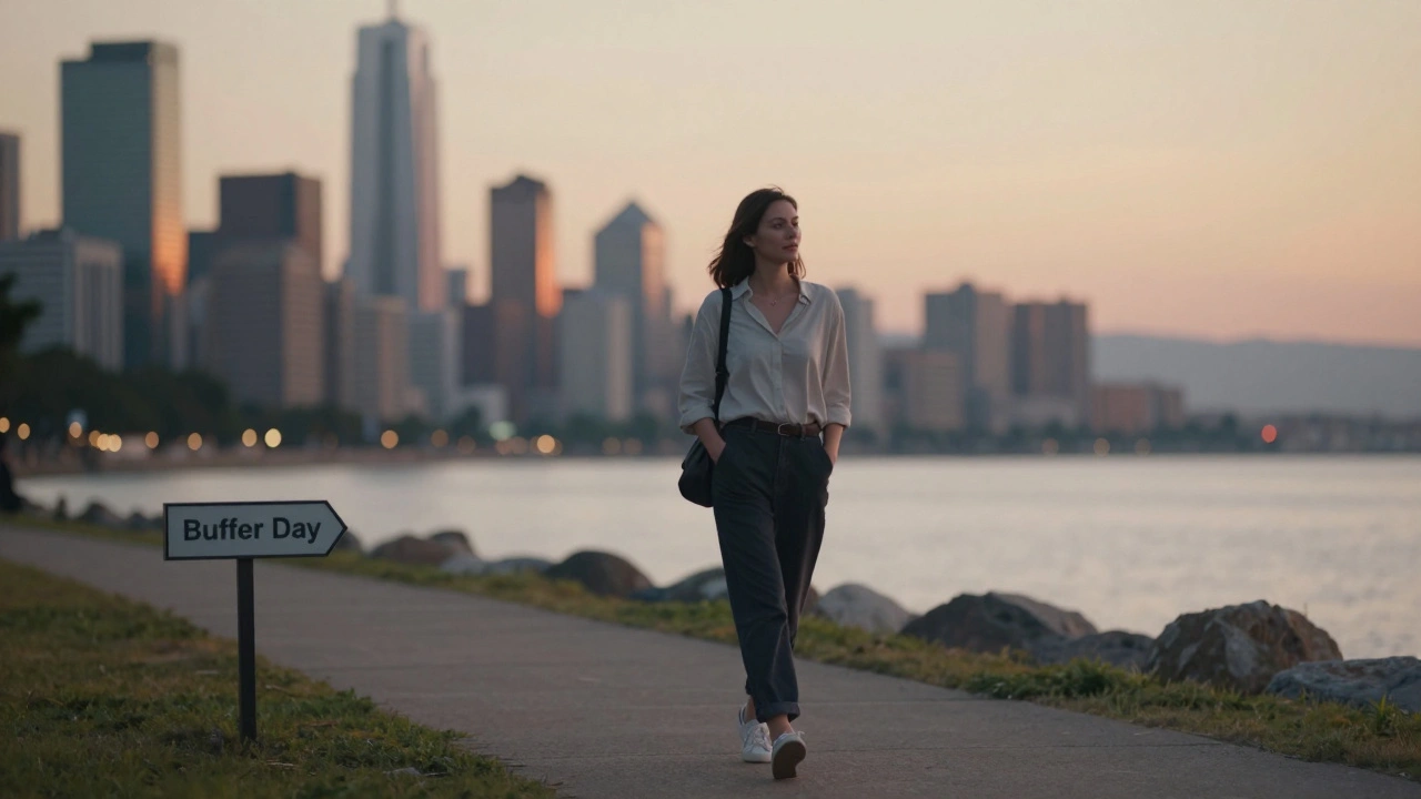 Woman walking peacefully along a seaside path at sunset, symbolizing rest and personal space.