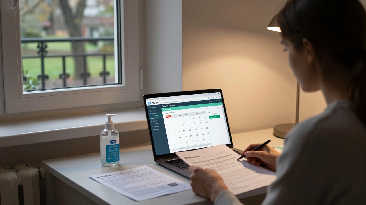 Woman working on tax documents in a quiet Munich apartment with STI test calendar.