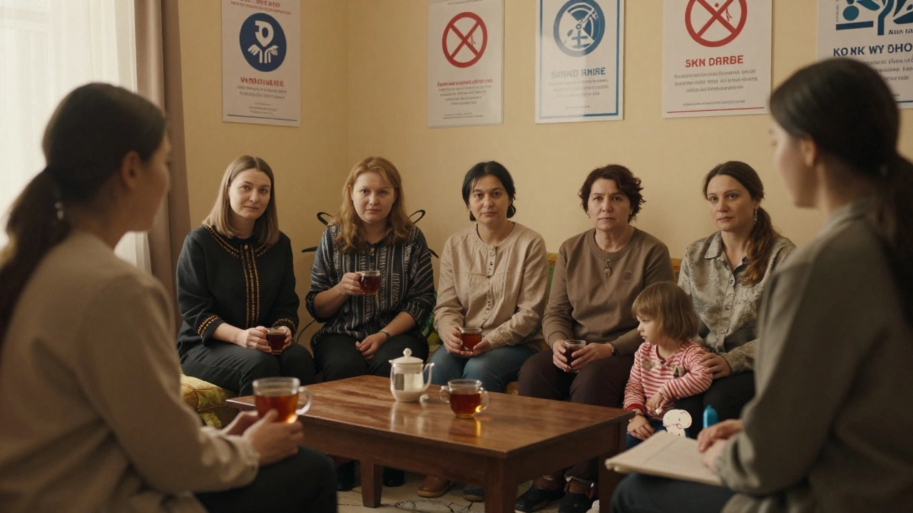 Women in a safe house in Kazan receiving support, one child playing nearby, warm lighting.