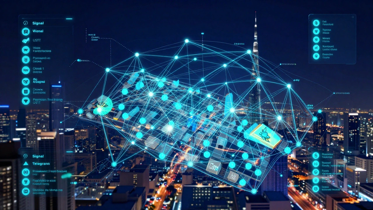 A digital map of Dubai showing encrypted networks and crypto payments as glowing data streams.