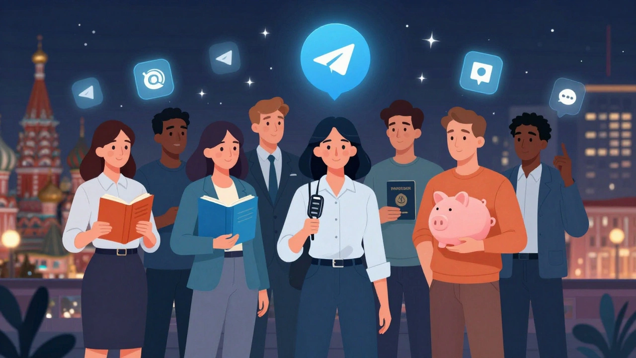 A diverse group of adult workers in Moscow connected by a glowing holographic chat, each holding symbols of their personal goals.