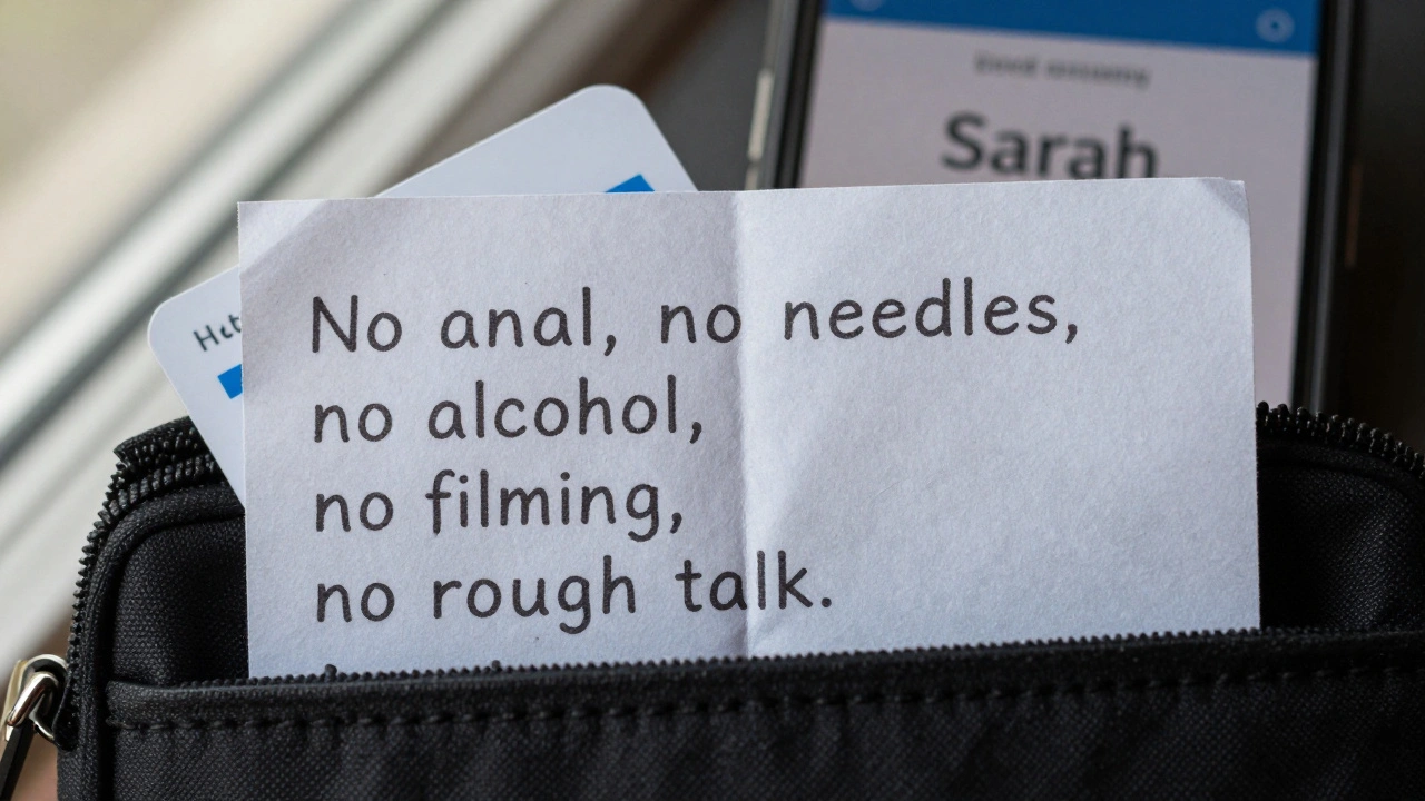 A folded list of personal boundaries inside a purse, with a hotel keycard and emergency contact phone visible.