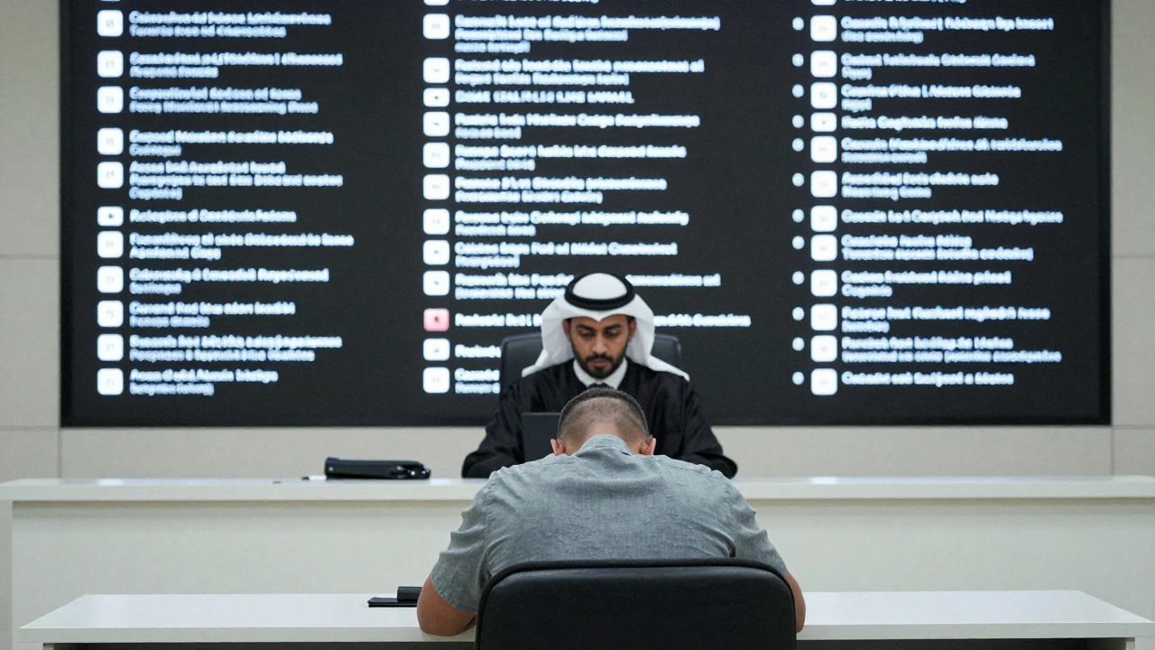 A foreign national in a Dubai courtroom as digital evidence of online adult services is displayed on a screen behind them.