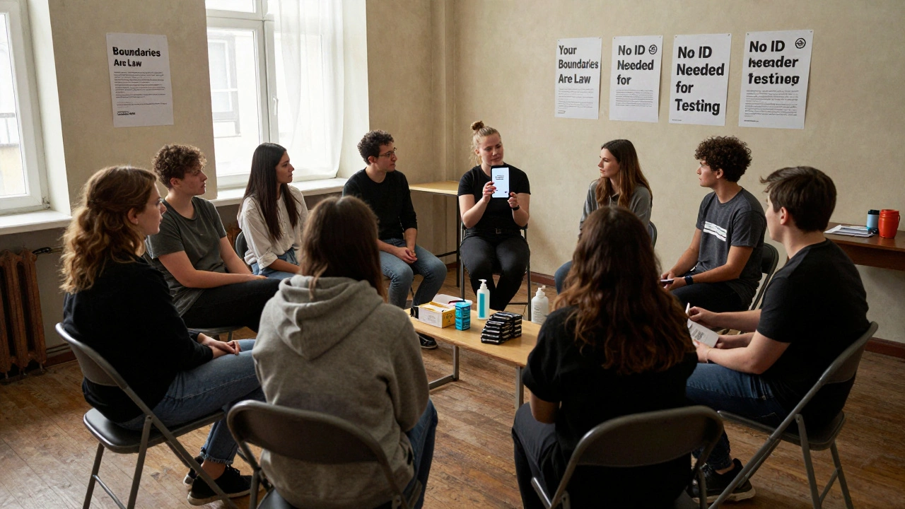 A group of adult workers in a basement workshop learning to document threats using screenshots and timestamps.