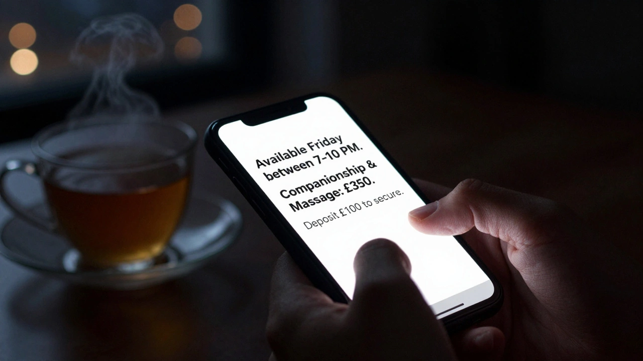 A hand typing a professional message on a phone with tea nearby in a dim room.
