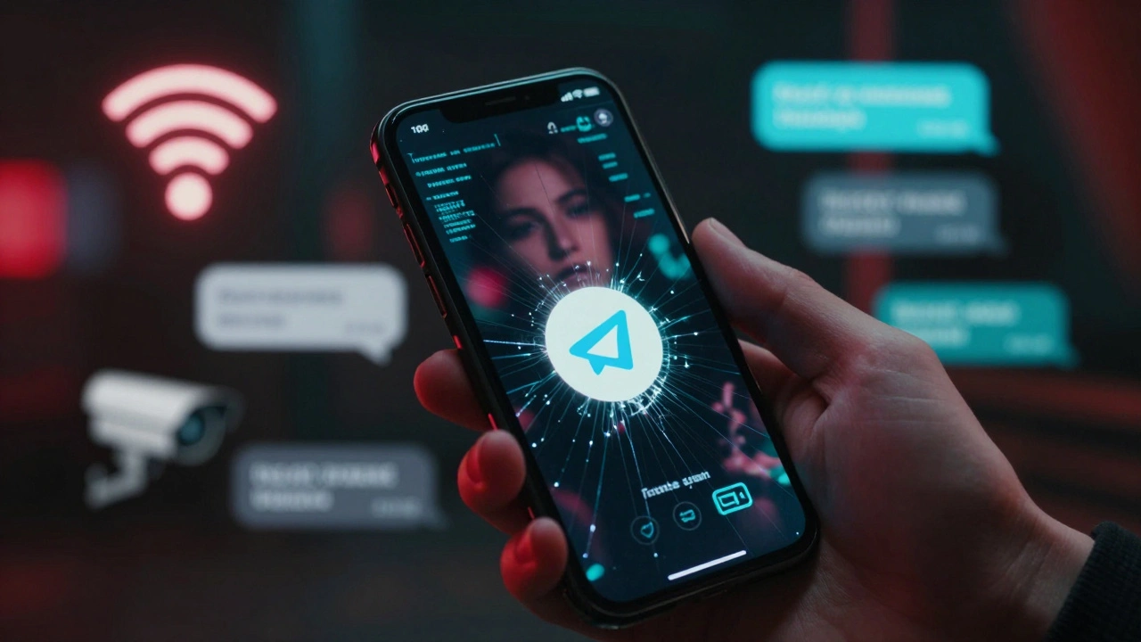 A hand typing on a burner phone in a dark room, surrounded by digital surveillance icons and encrypted chat reflections.