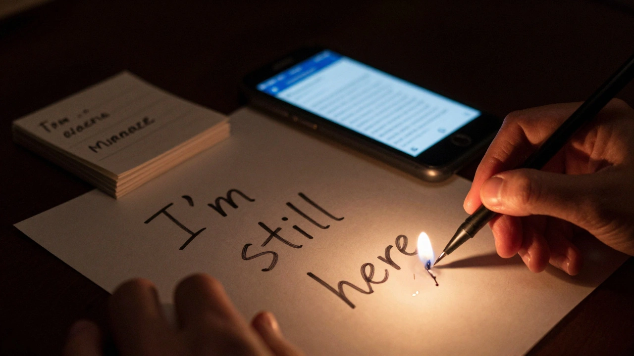 A hand writes emotional words by candlelight, a burner phone glows nearby with a text message.