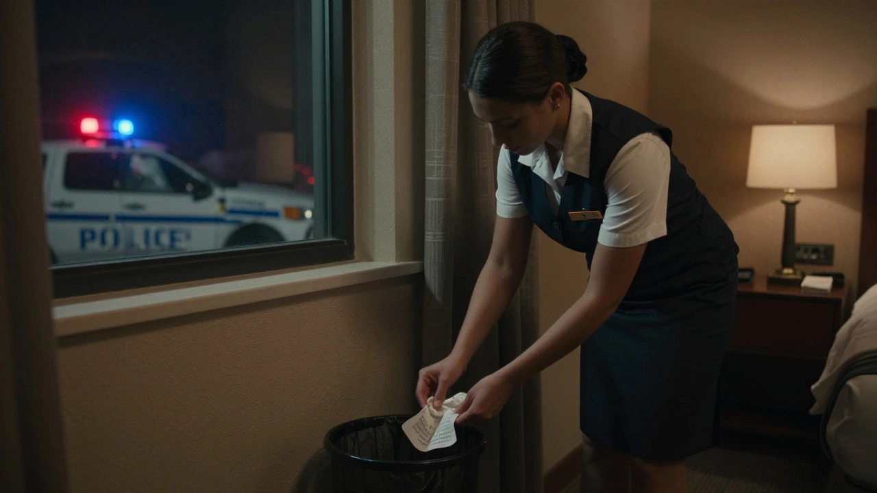 A hotel housekeeper finding a note with a phone number in the trash, police sirens visible outside the window.