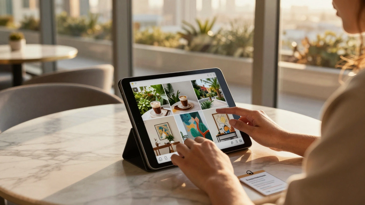 A person in a Dubai café posting lifestyle photos to Instagram, no explicit content, quiet and discreet.