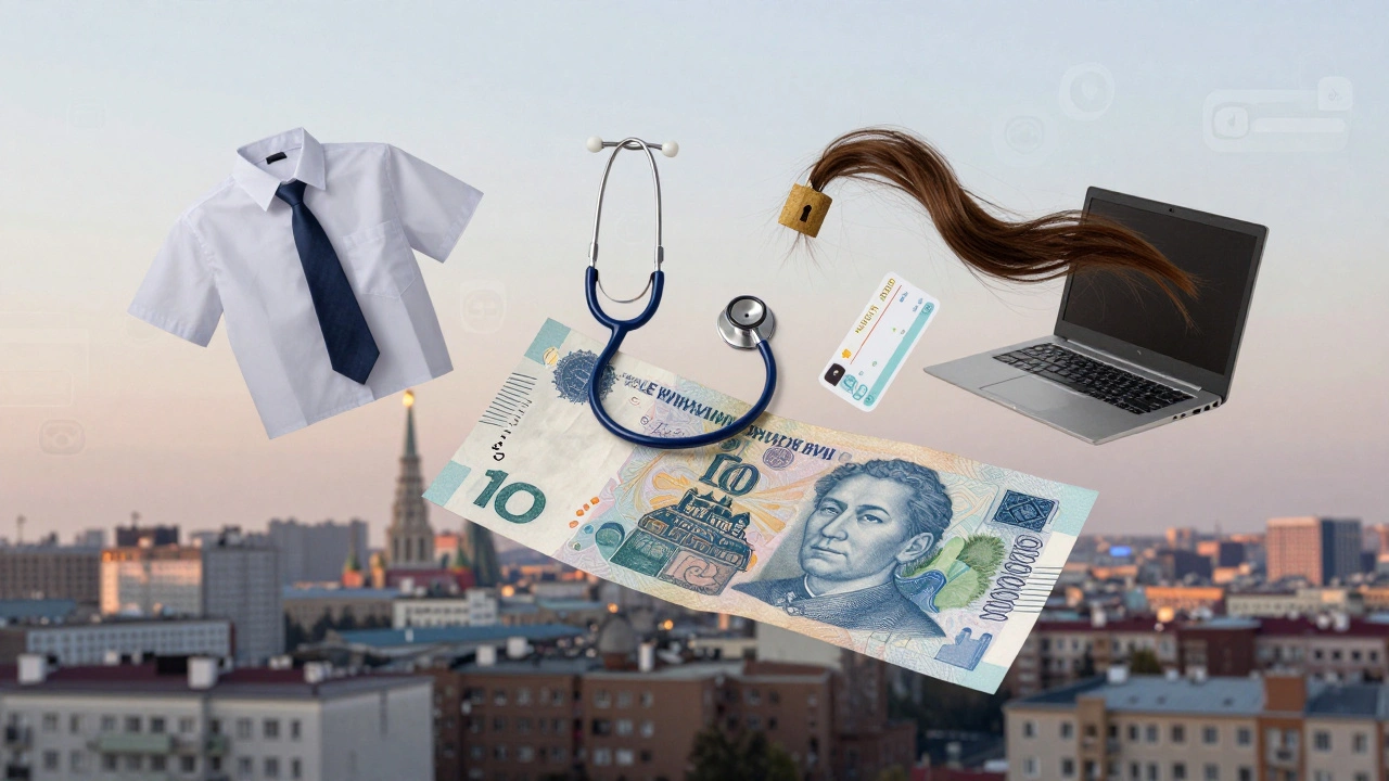 A Russian ruble dissolving into everyday objects representing the lives and dreams of adult work workers in Moscow.