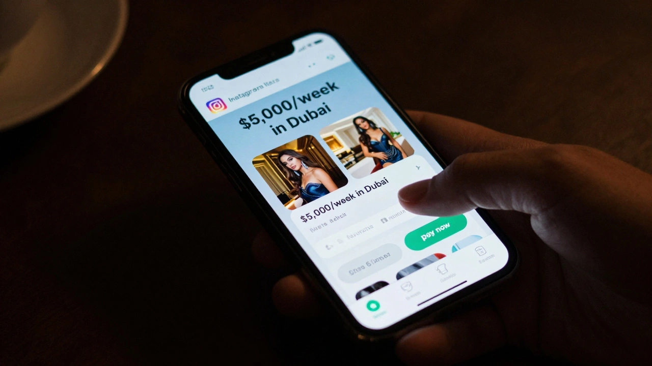 A smartphone screen showing fake Dubai escort ads with payment prompts in a dark room.