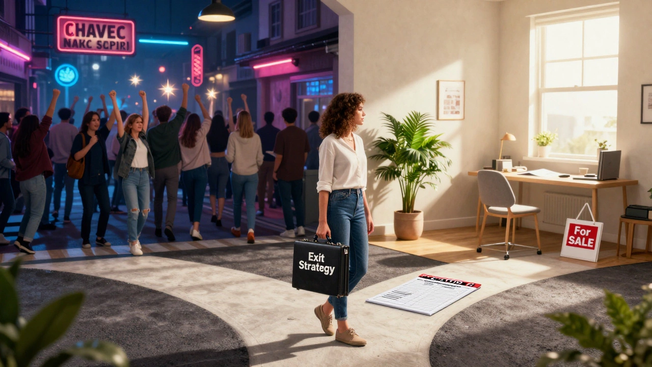 A woman choosing a quiet, planned future over chaotic nightlife, holding a briefcase labeled 'Exit Strategy'.