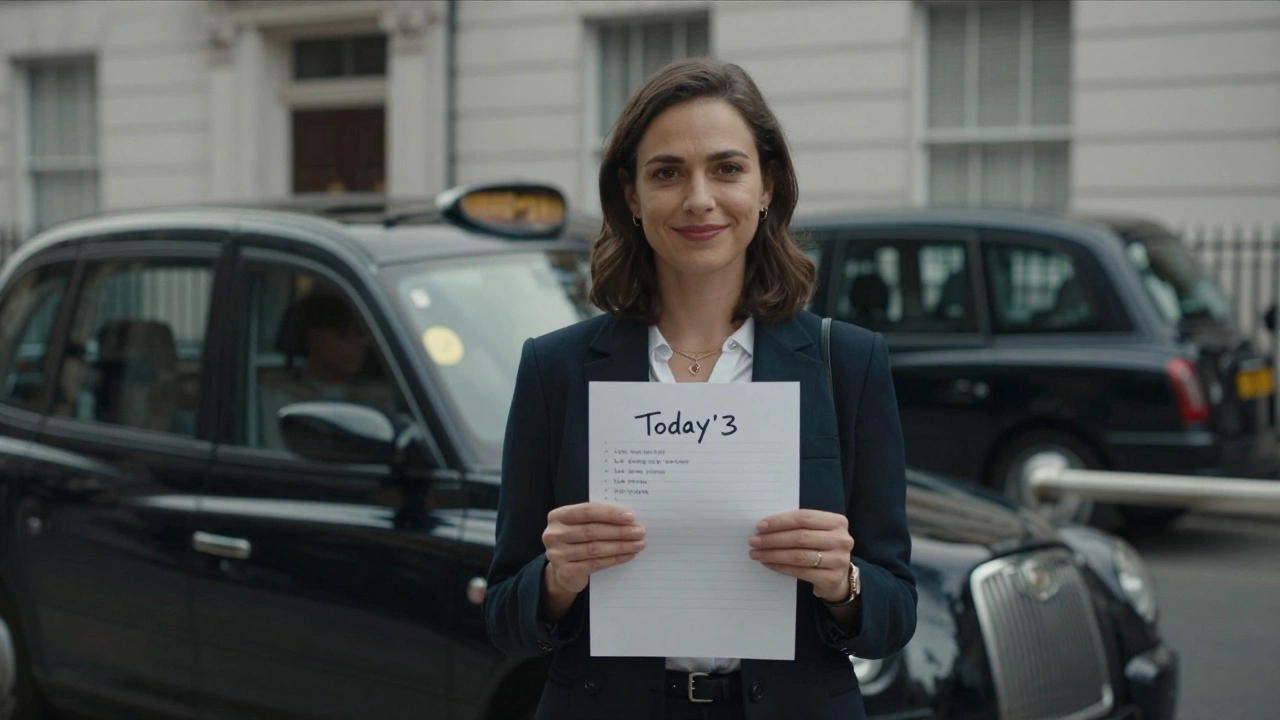 A woman holding a white paper with today’s date, standing outside a townhouse with a taxi waiting.