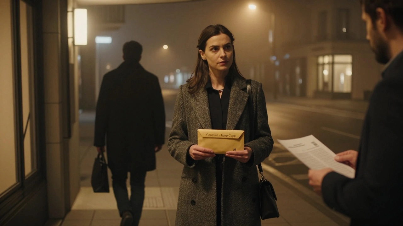 A woman stands outside a Munich hotel with a contract envelope as one client leaves and another approaches.