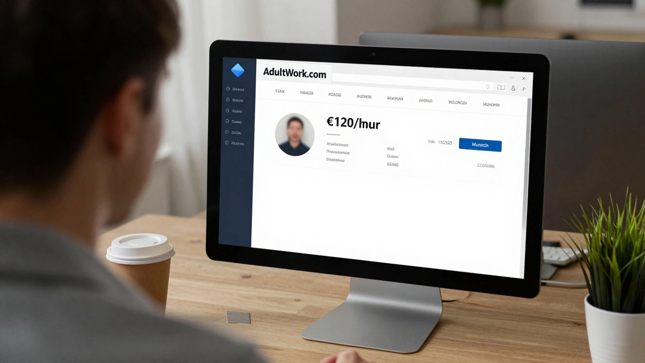 An anonymous online profile for adult work in Munich, displayed on a laptop.