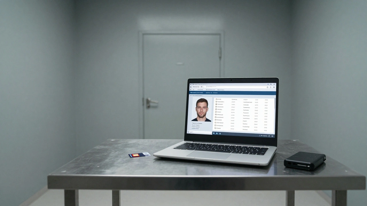 An empty interrogation room with a laptop showing forensic data, a discarded SIM card, and an external drive on the table.