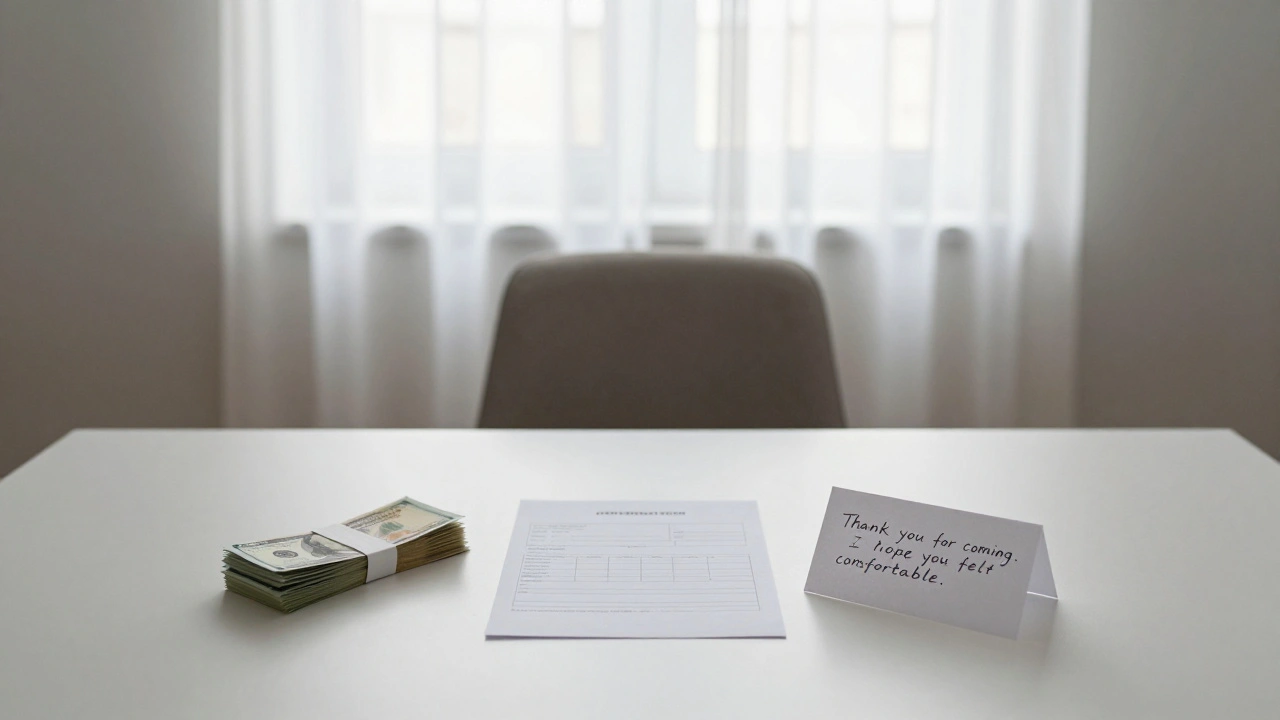 An empty room with a confirmation note, cash, and thank-you card by a sunlit window.