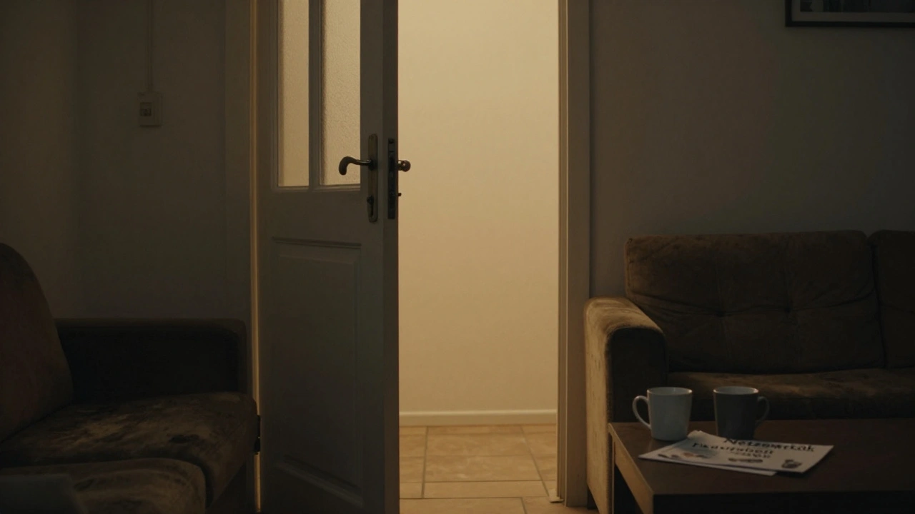 An unmarked door slightly open, revealing warm light and a quiet support space inside.