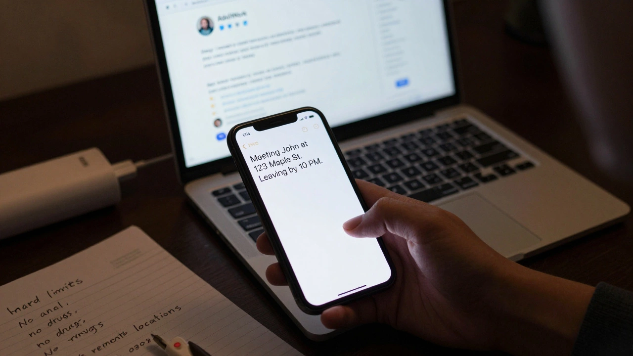 Close-up of a smartphone showing a safety text message, with emergency notes and charger on desk.