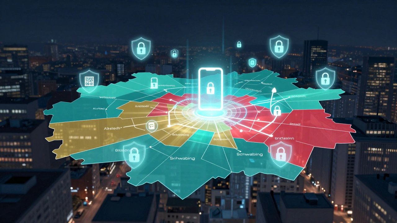 Digital map of Munich with geofenced zones and encrypted payment icons, symbolizing tech-driven safety in adult work.
