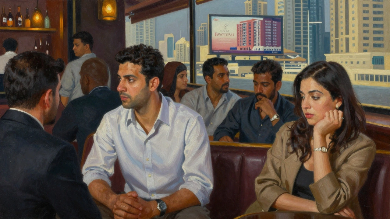 Diverse expats in a Dubai bar sit apart, avoiding eye contact, while luxury condo ads loom in the background.