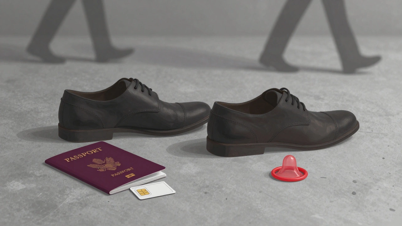 Empty shoes, a passport, and a SIM card lie on the floor beside a single condom, symbolizing isolation and survival.