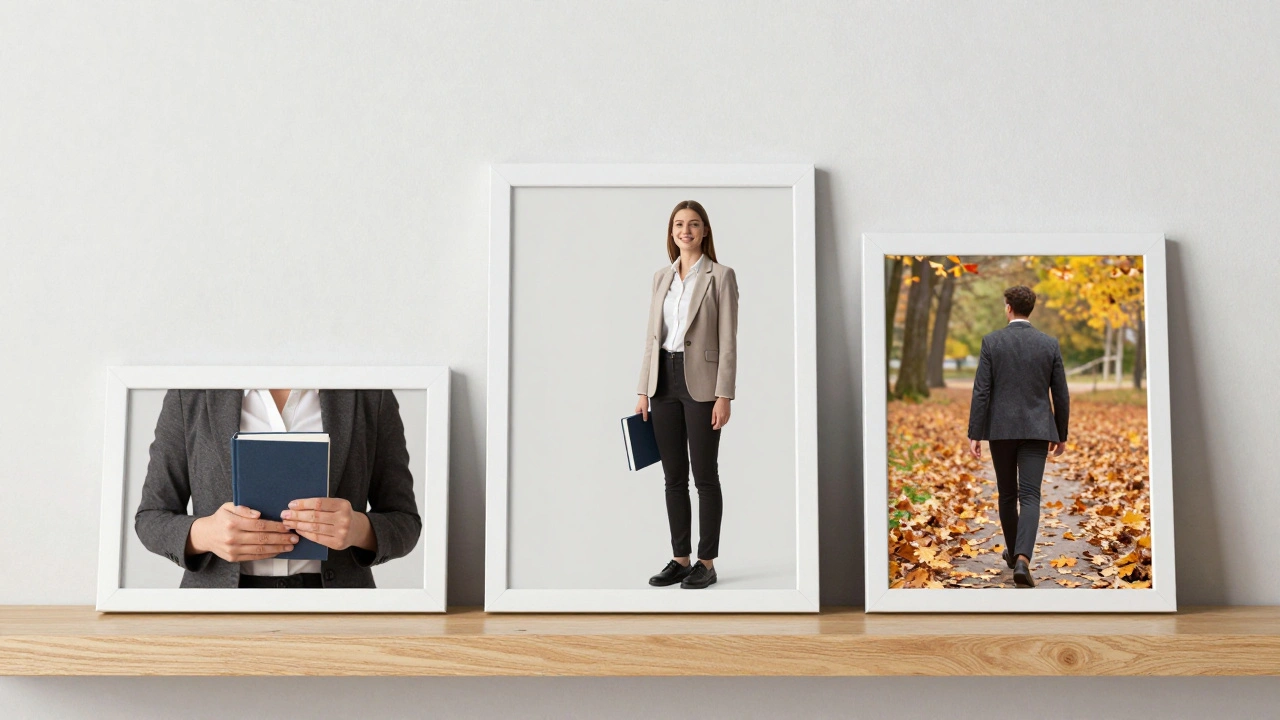 Four photo frames showing headshot, full-body, hands, and outdoor shot—all natural, unedited, consistent style.