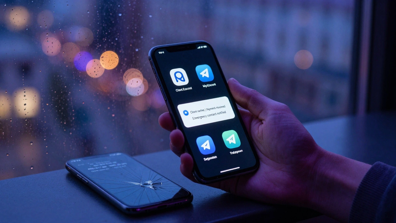 Hand holding a smartphone with payment and verification alerts, rain on window, second phone face-down beside it.