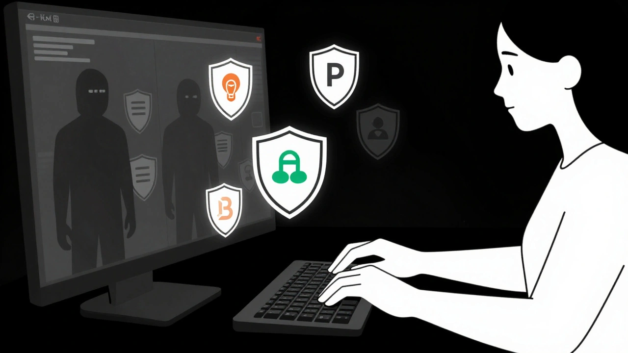 Hand typing on keyboard with encrypted tools floating as shields, blocking shadowy digital threats in minimalist style.