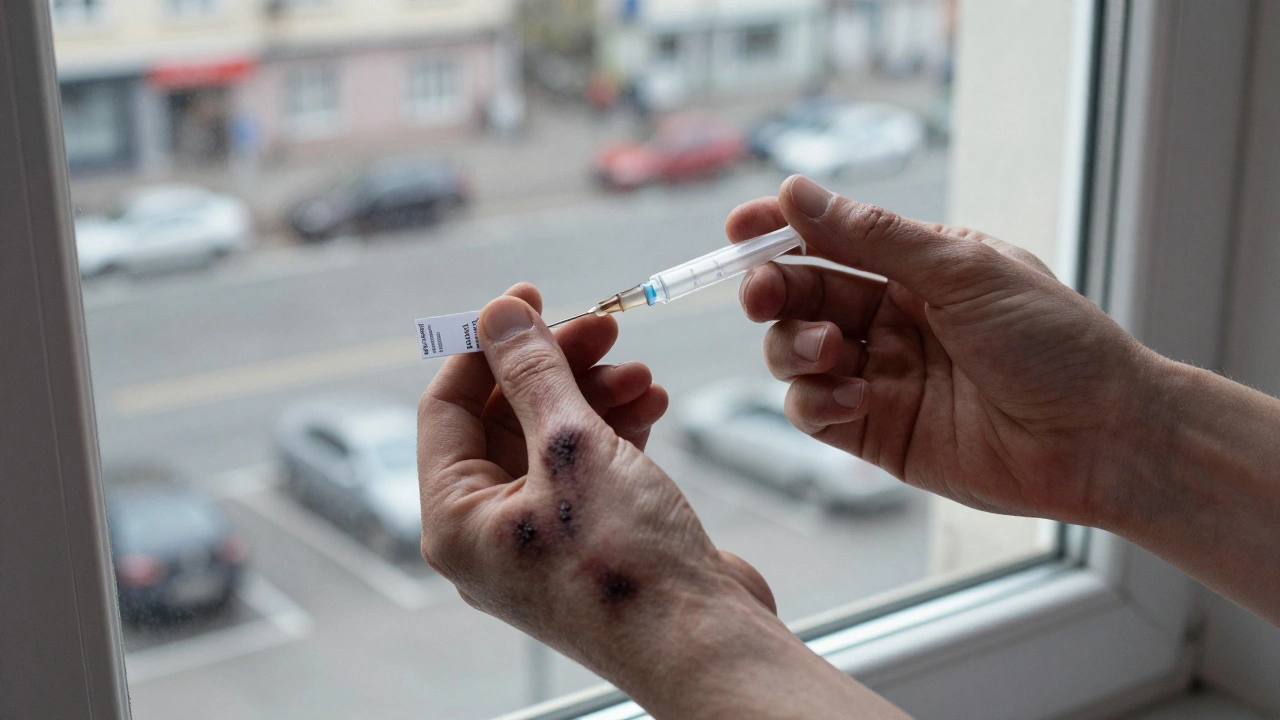 Hands exchange a sterile needle with a safety card beside them.