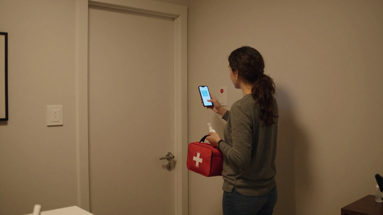 Independent escort in a secure private room with emergency app, first aid kit, and clear entry view.