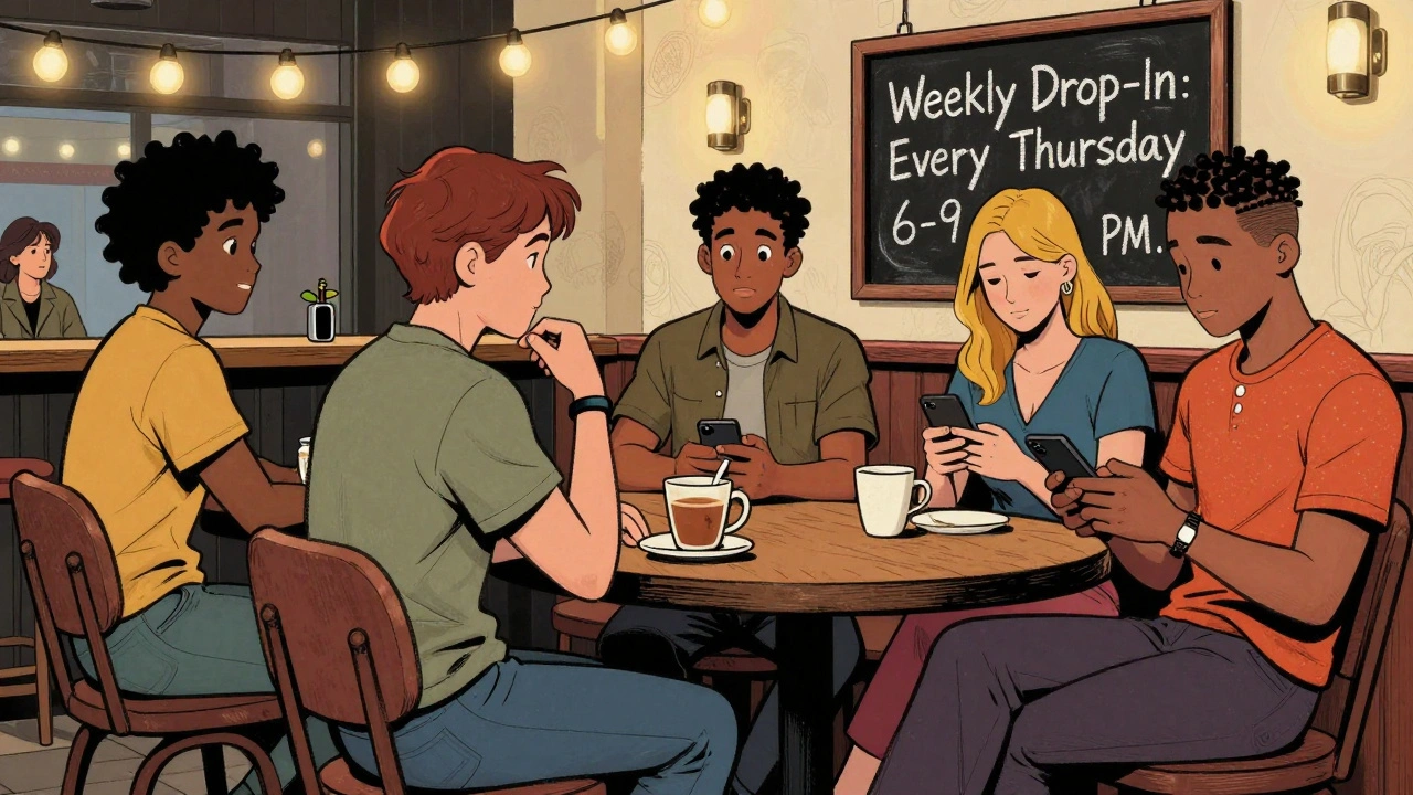 LGBTQ+ sex workers sharing coffee and conversation at a supportive bar in Munich's Glockenbachviertel.