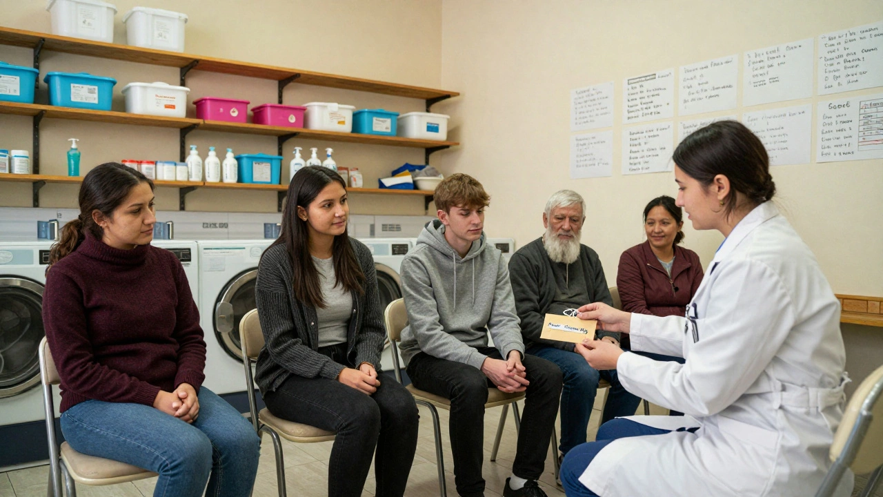 People wait quietly in a clinic offering anonymous STI testing and support.