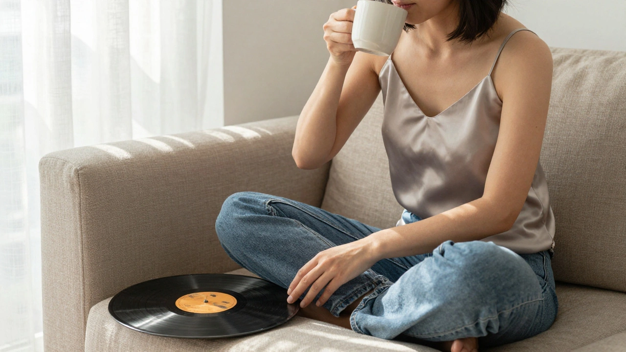 Person relaxed on sofa sipping coffee, silk slip and jeans, jazz vinyl nearby, warm natural lighting.