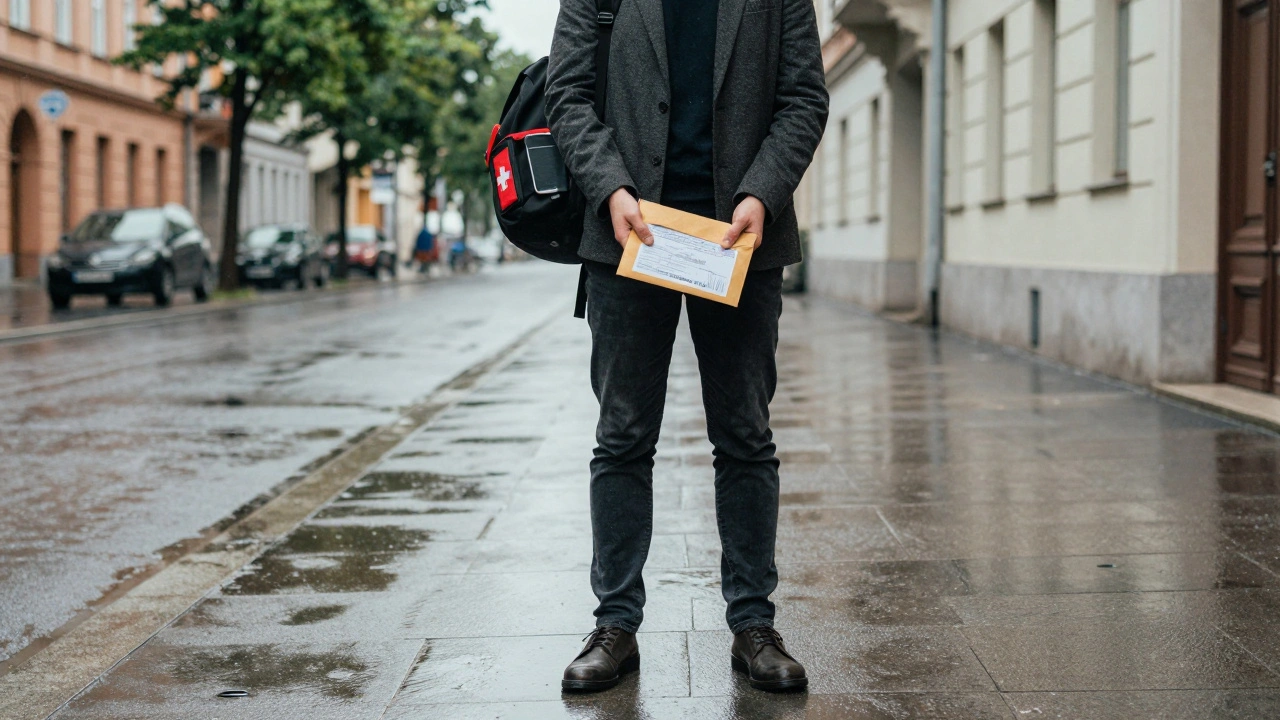 Person standing outside a discreet Munich Airbnb in the rain, holding a receipt, dressed professionally.