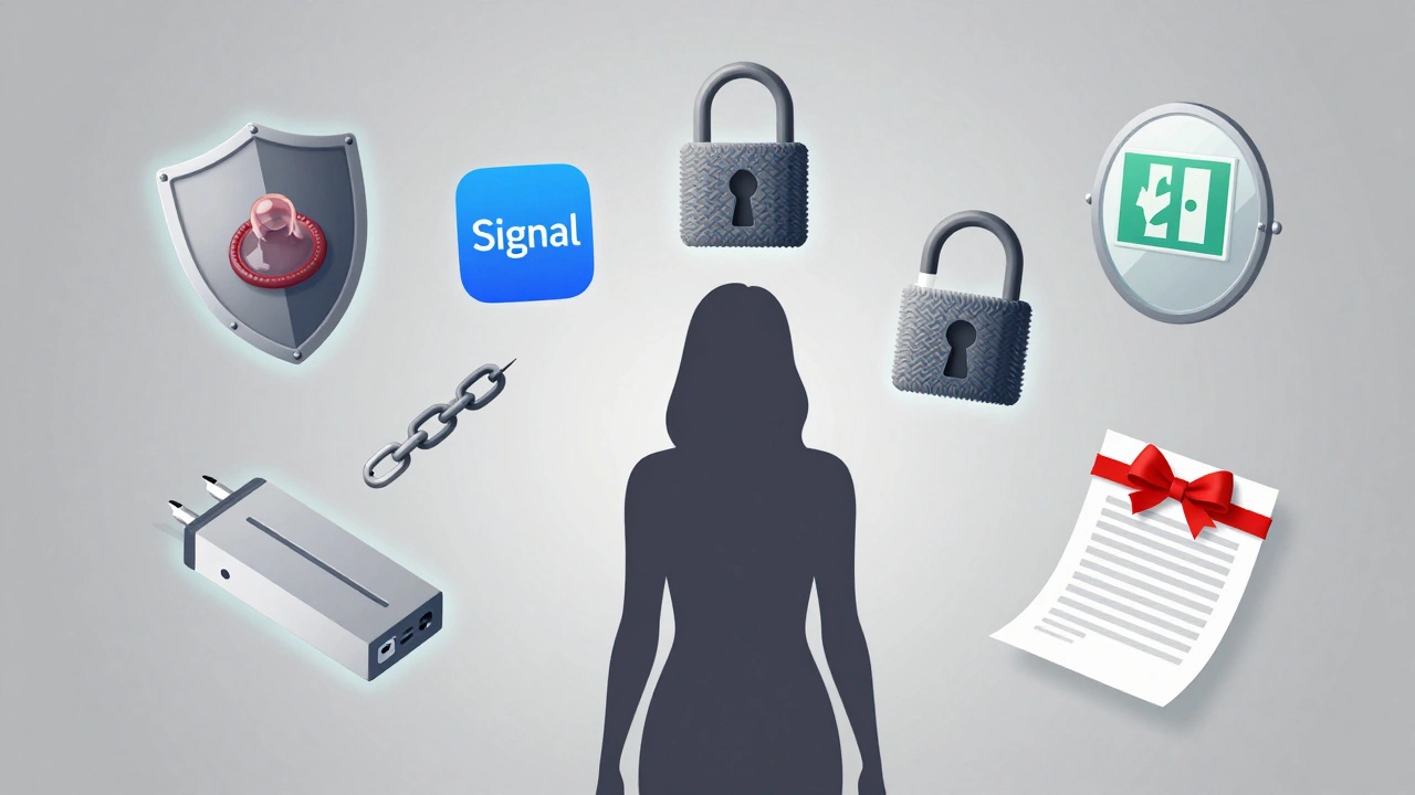 Silhouette surrounded by symbolic items representing safety, encryption, and boundaries.
