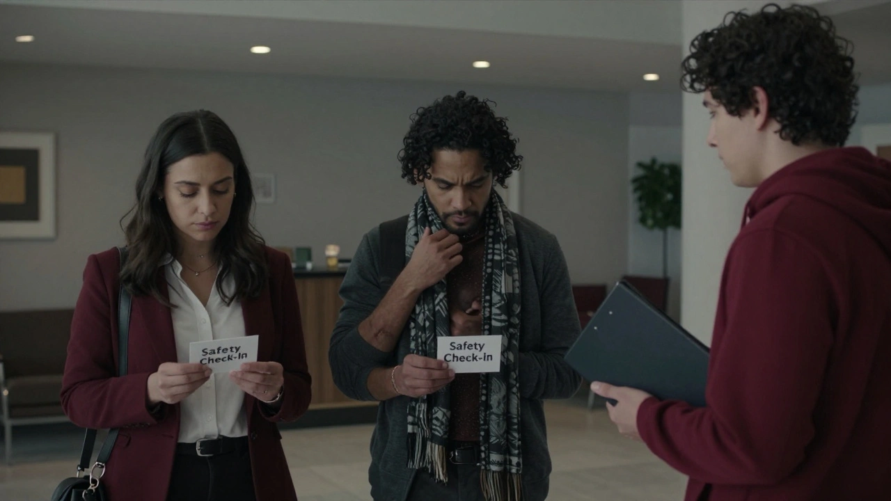 Three adult workers in a hotel lobby, holding safety cards and exchanging quiet nods with a nonprofit volunteer.