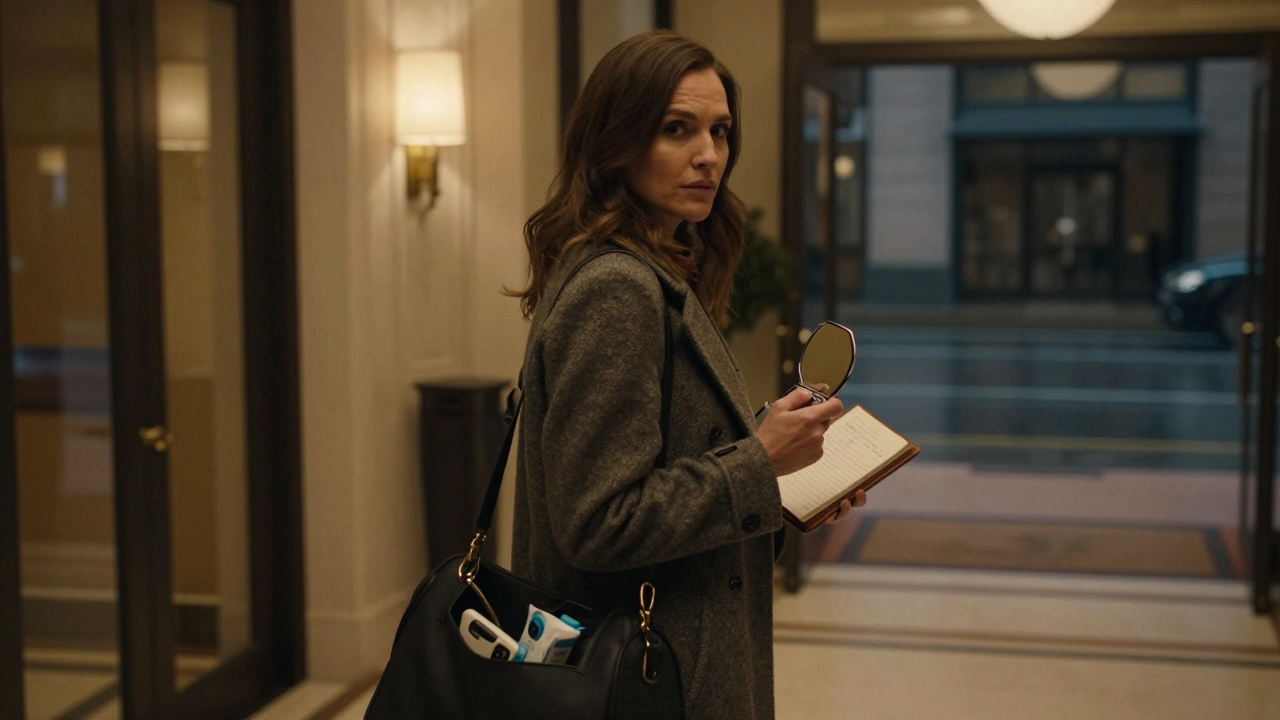 Woman exiting a hotel lobby, holding a mirror and logbook, with a bag revealing safety tools.