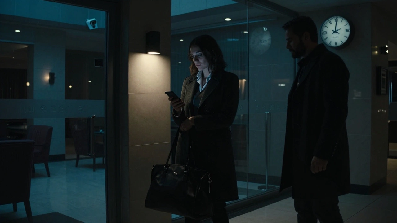 Woman standing alert in a hotel lobby at night, a man waiting nearby, surveillance cameras in view.