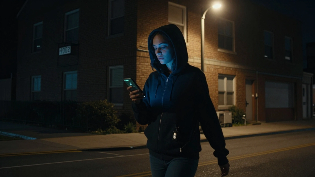 Woman walking at night, phone showing live location, safe route illuminated.