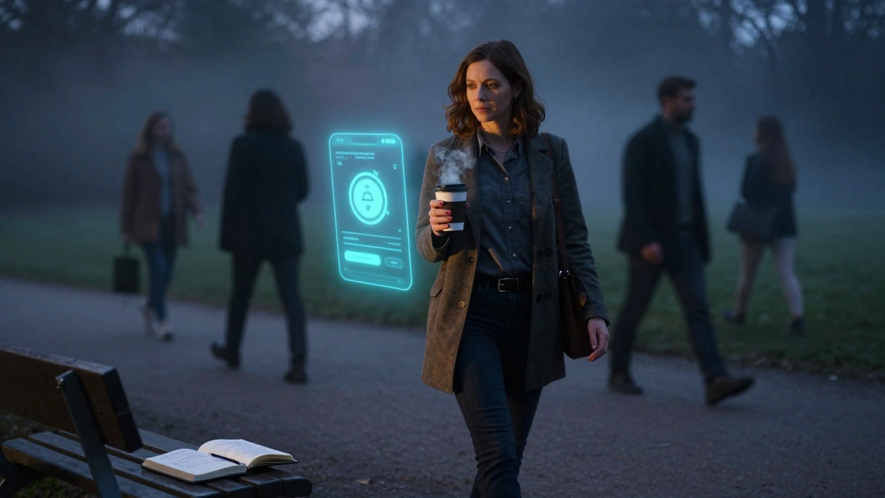 Woman walking in Englischer Garten at twilight with a safety app glowing beside her and a journal on a bench.