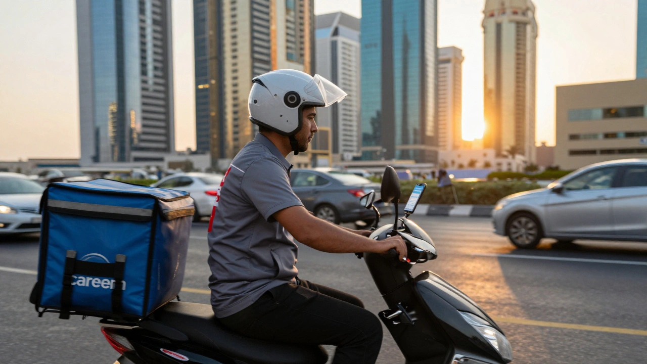 Delivery driver on a scooter commuting through Dubai’s city streets at sunset, wearing a Careem uniform.