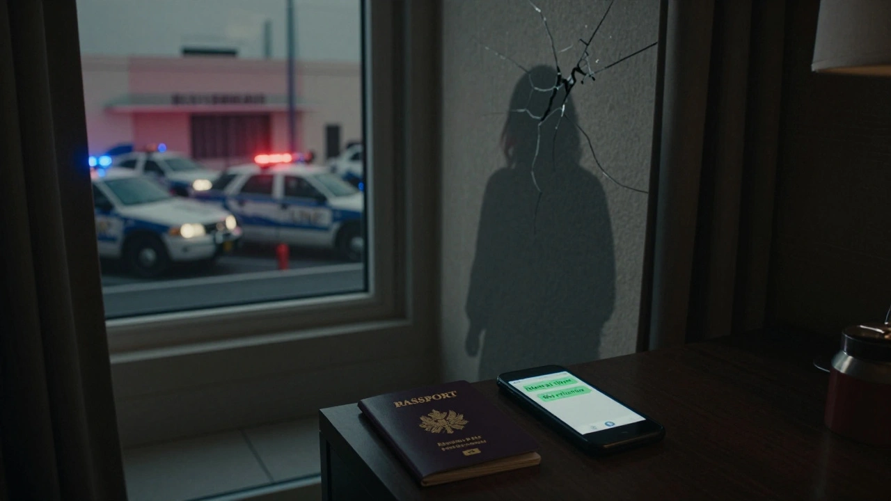 Dim hotel room with a glowing phone and confiscated passport, police lights visible through the window.
