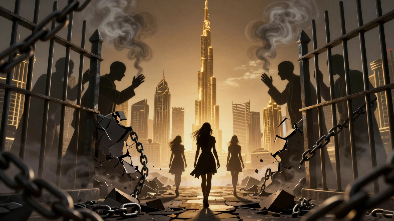Dubai skyline crumbling into chains, silhouettes of women walking away toward sunrise as shadowy recruiters loom.