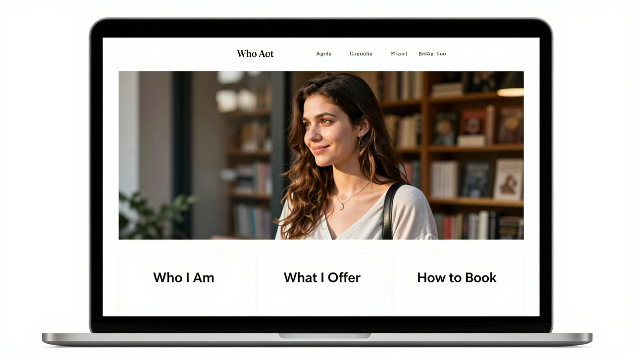 Minimalist escort website on laptop showing clear sections and authentic photo of woman outside a bookstore.