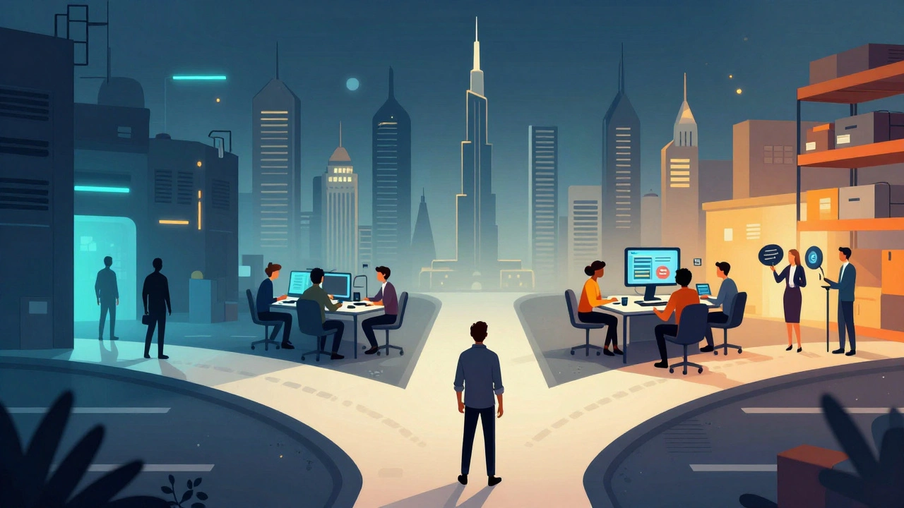 Symbolic crossroads in Dubai: one path leads to isolation, the other to new careers in customer service, tech, and logistics.