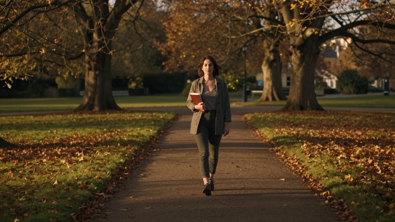 Woman walking peacefully in Hove park at golden hour, holding a book, autumn leaves falling around her.